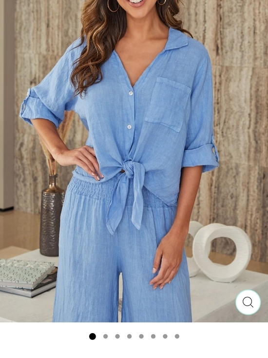 Milio Milano Tops - Milio Milano 100% Linen Front Tie Button Shirt Cottagecore, Blue S/M Vacation